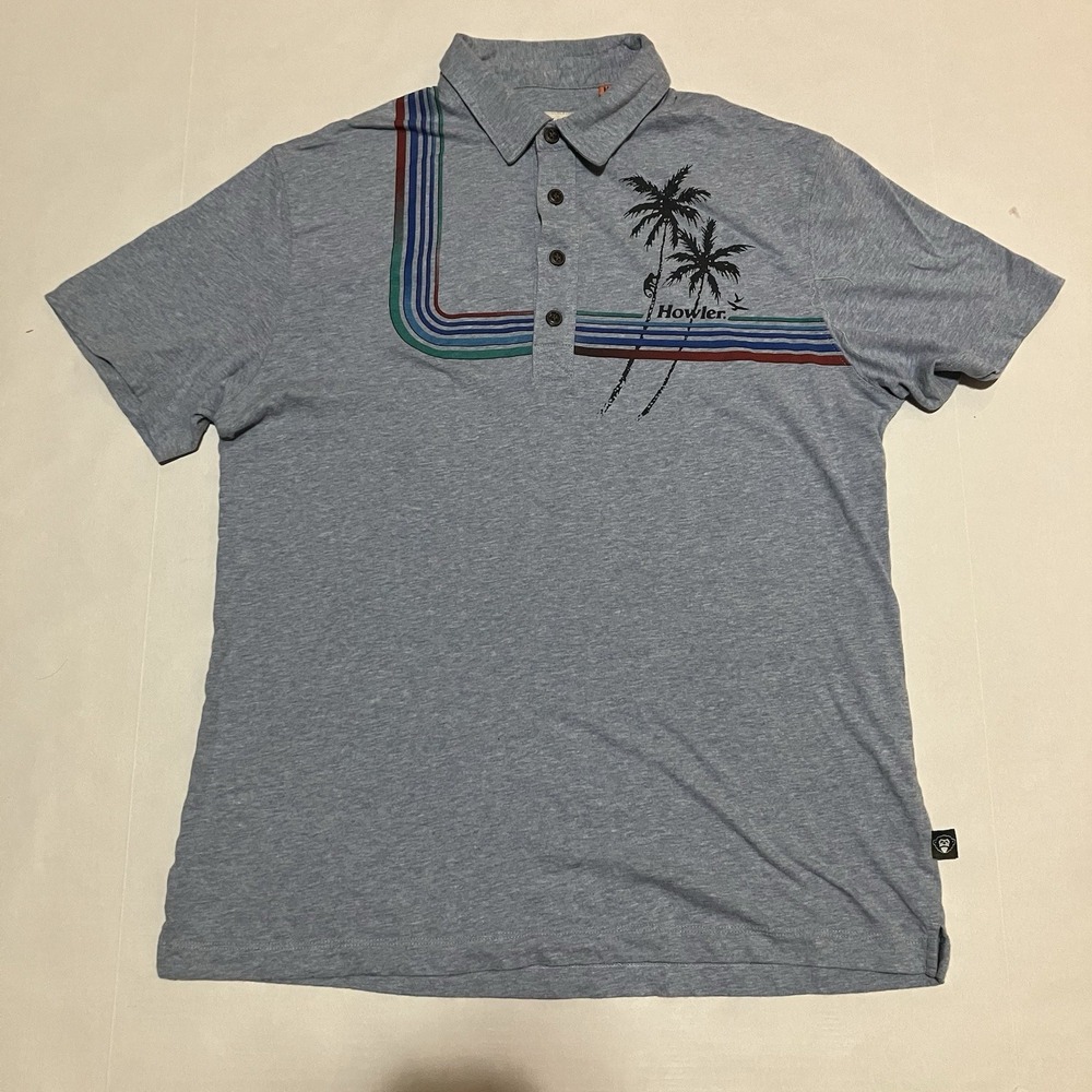 Howler Bros mens Size Medium Polo Shirt Palm Tree Tropical Print Light Sky Blue